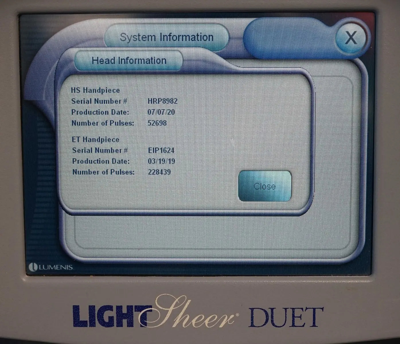 2010 Lumenis LightSheer Duet Laser ET HS 9x9mm 22x35mm Hair Removal Light Sheer Lumenis