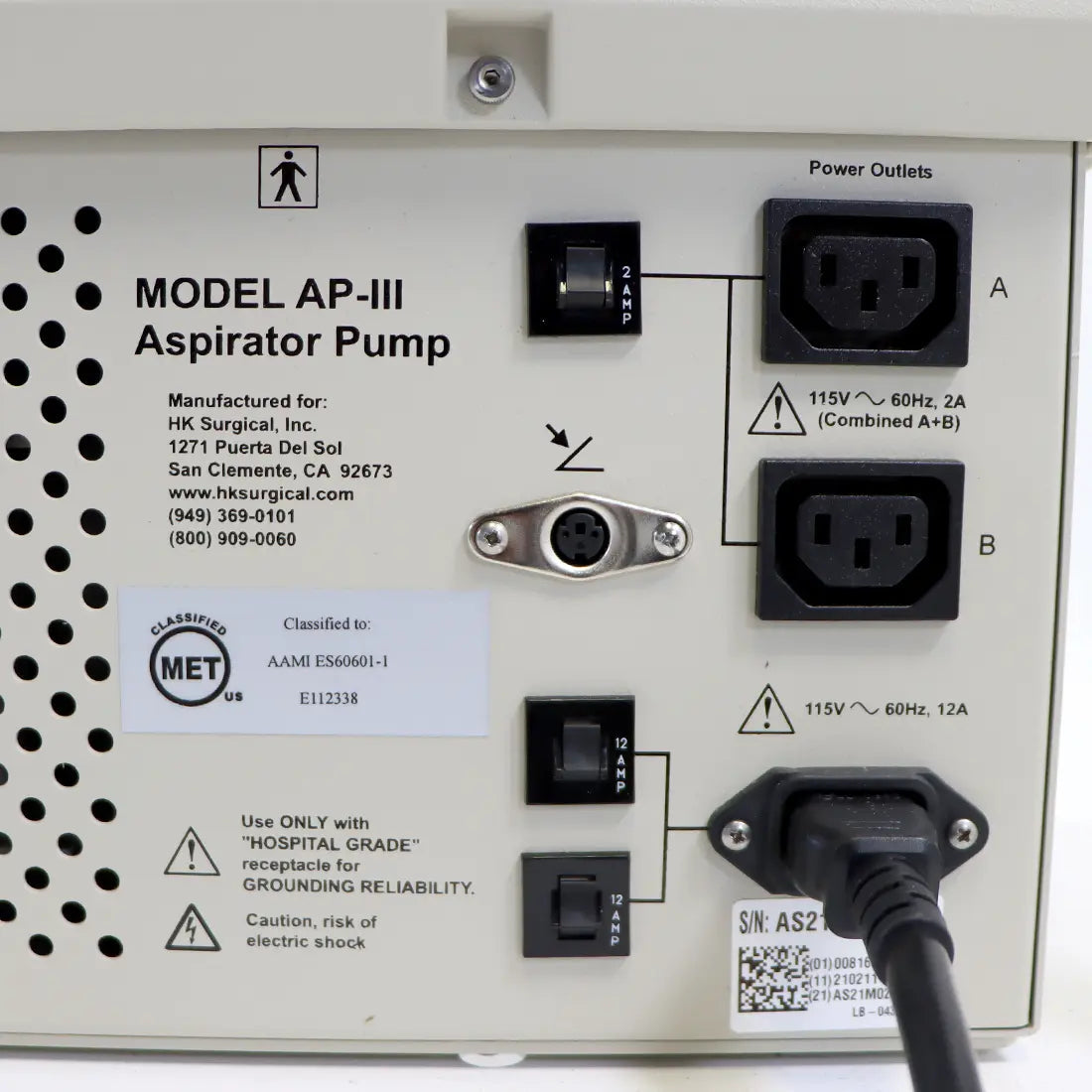 HK Surgical Aspirator Pump AP-III 115V with Valet Cart 42in Tall Vacuum 85-LPM