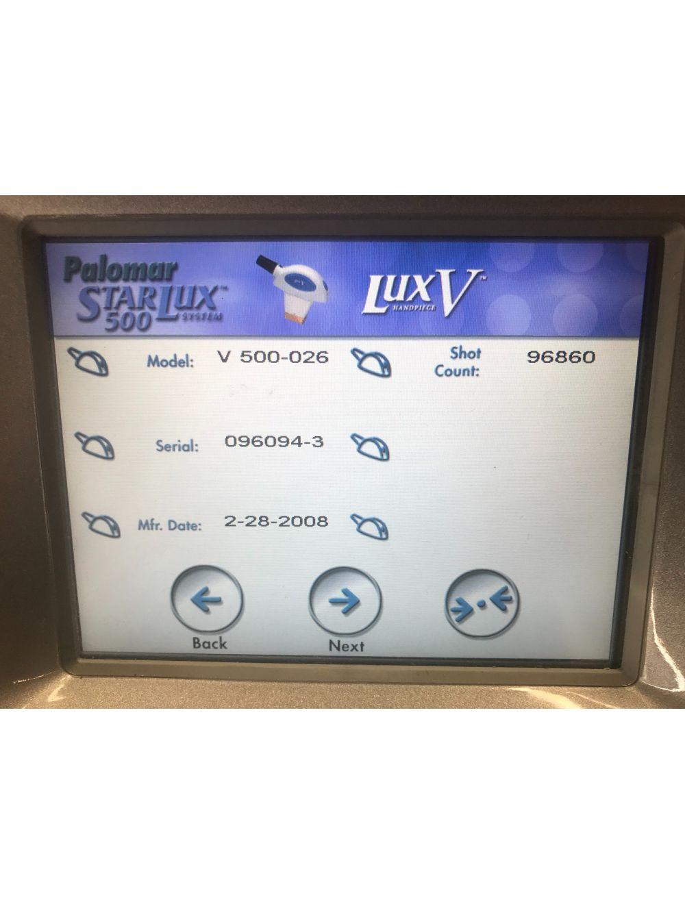 2008 Palomar Starlux 500 Lux V IPL Acne Handpiece Star Lux LuxV 96K Shots