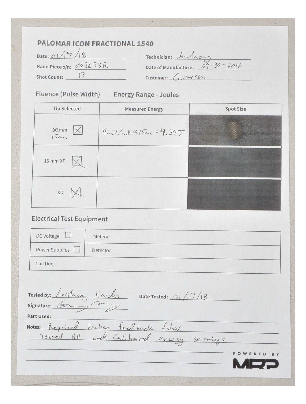2016 Palomar ICON 1540 Fractional Handpiece Cynosure - Low Pulse Count: 13