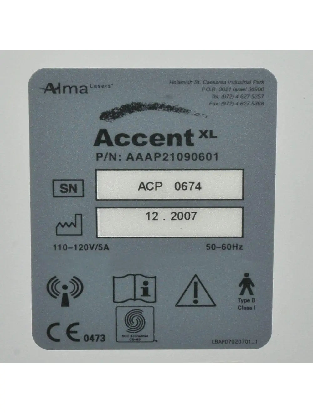 2007 Alma Accent XL Radiofrequency Bipolar UniLarge Body Face Contouring System