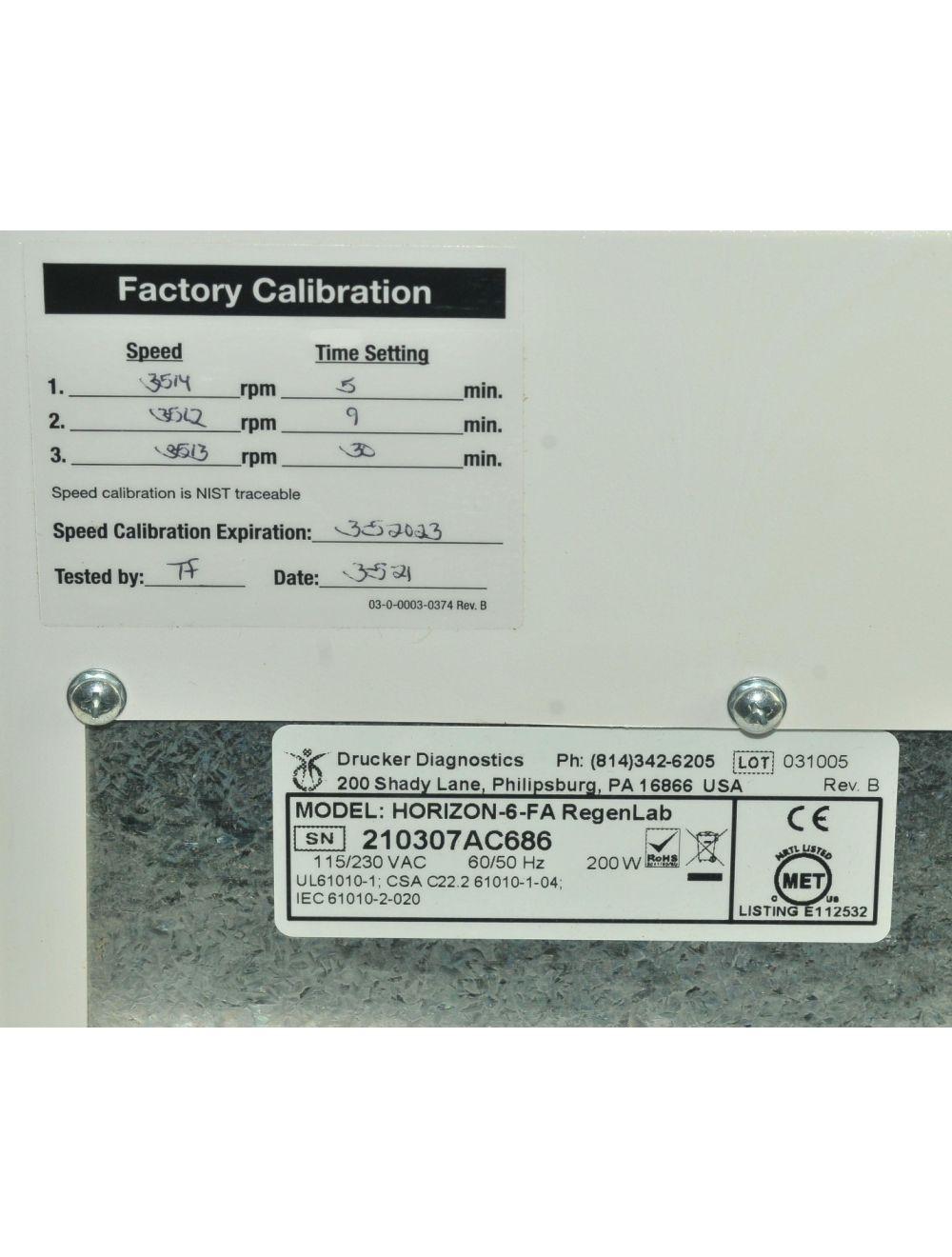 Drucker Diagnostics RegenLab PRP Centrifuge Horizon-6-FA 3500 RPM Regen Lab