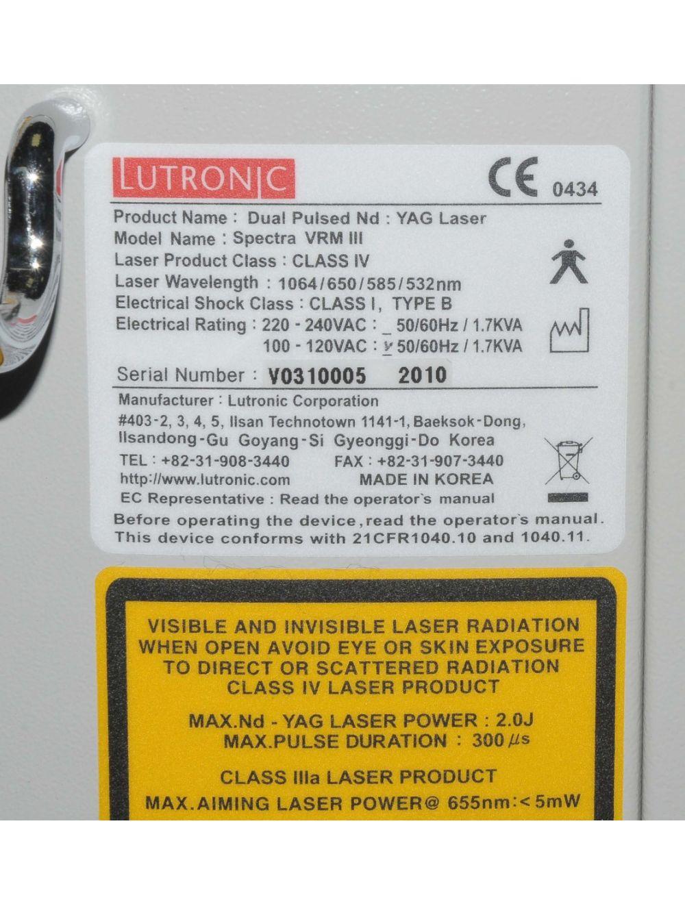 2010 Lutronic Spectra VRM III Q-Switched Nd:YAG Laser Tattoo CARBON PEEL 1064nm