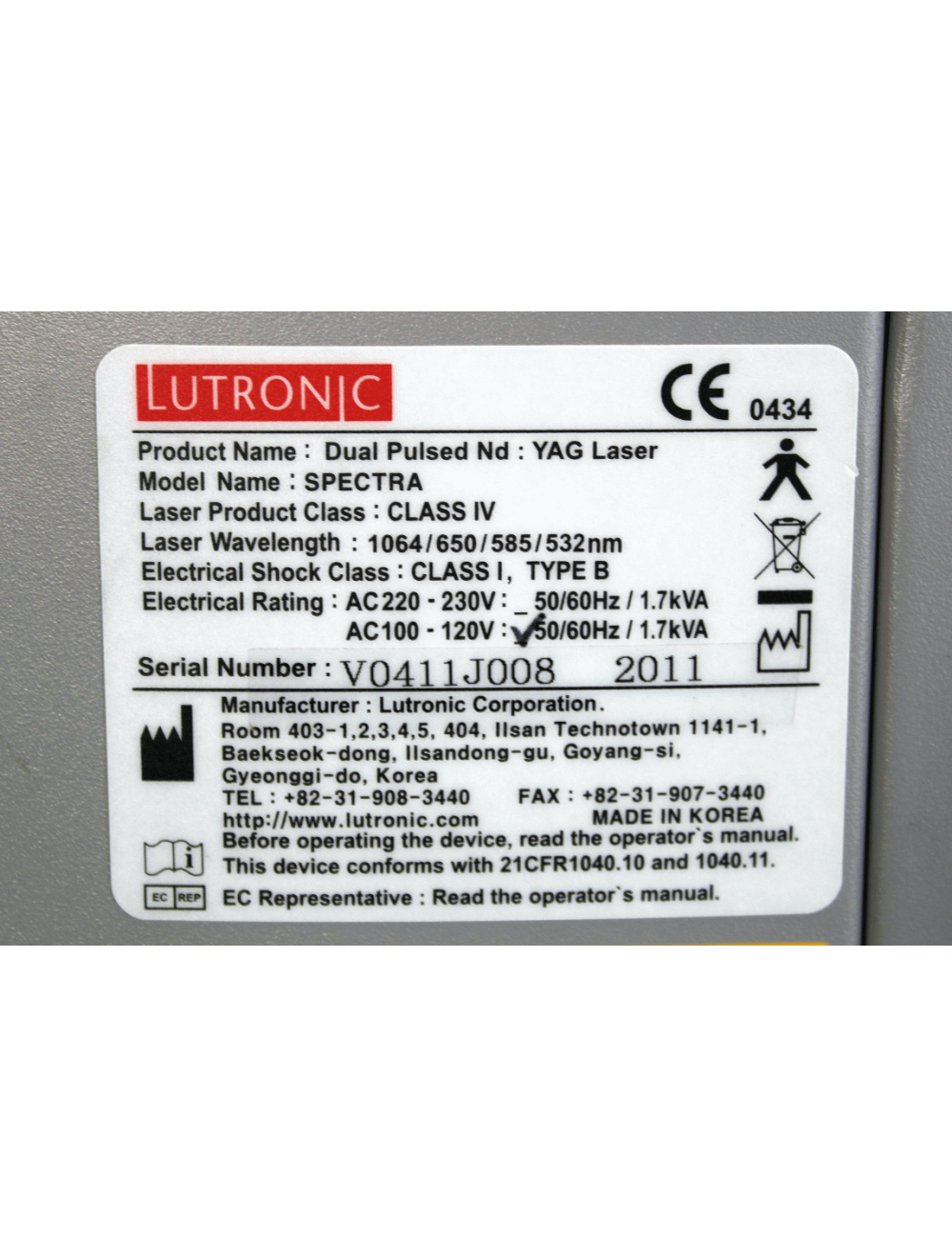 2011 Lutronic Spectra Dual Pulsed Nd YAG Laser Class IV