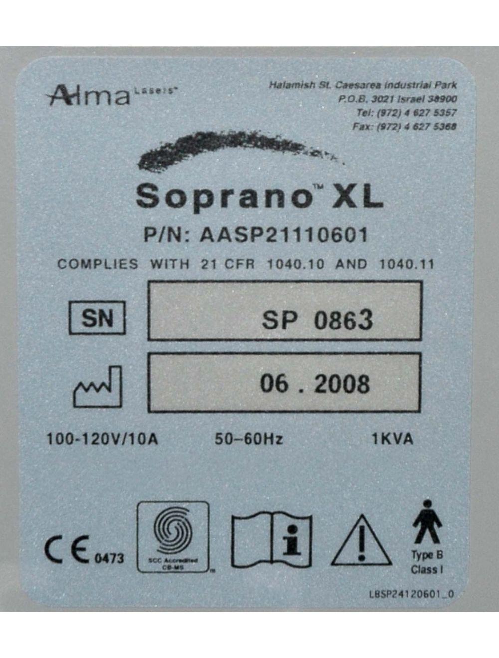 2008 ALMA Soprano XL Laser System Hair Removal 810nm Diode w/ SHR Handpiece HR