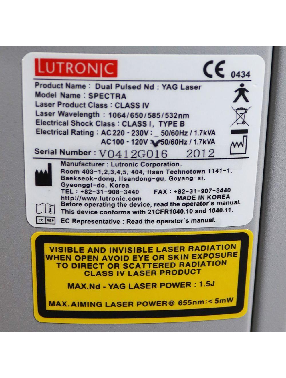 2012 Lutronic Spectra Dual Pulsed Nd Yag Laser Class IV Tattoo Removal System