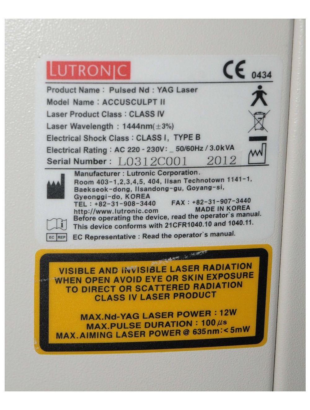 2012 AccuSculpt II LUTRONIC Nd YAG Pulsed Laser 1444 Skin Tightening