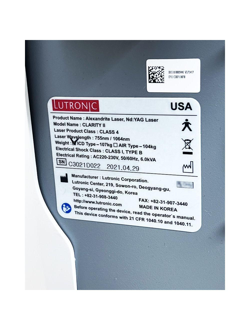 2021 Lutronic Clarity II 2 755/1064nm Dual Wavelength Laser Hair Removal System