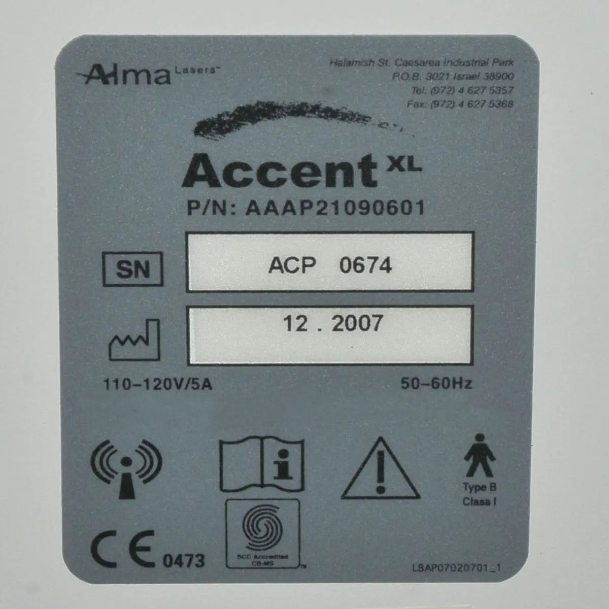 2007 Alma Accent XL Radiofrequency Bipolar UniLarge Body Face Contouring System