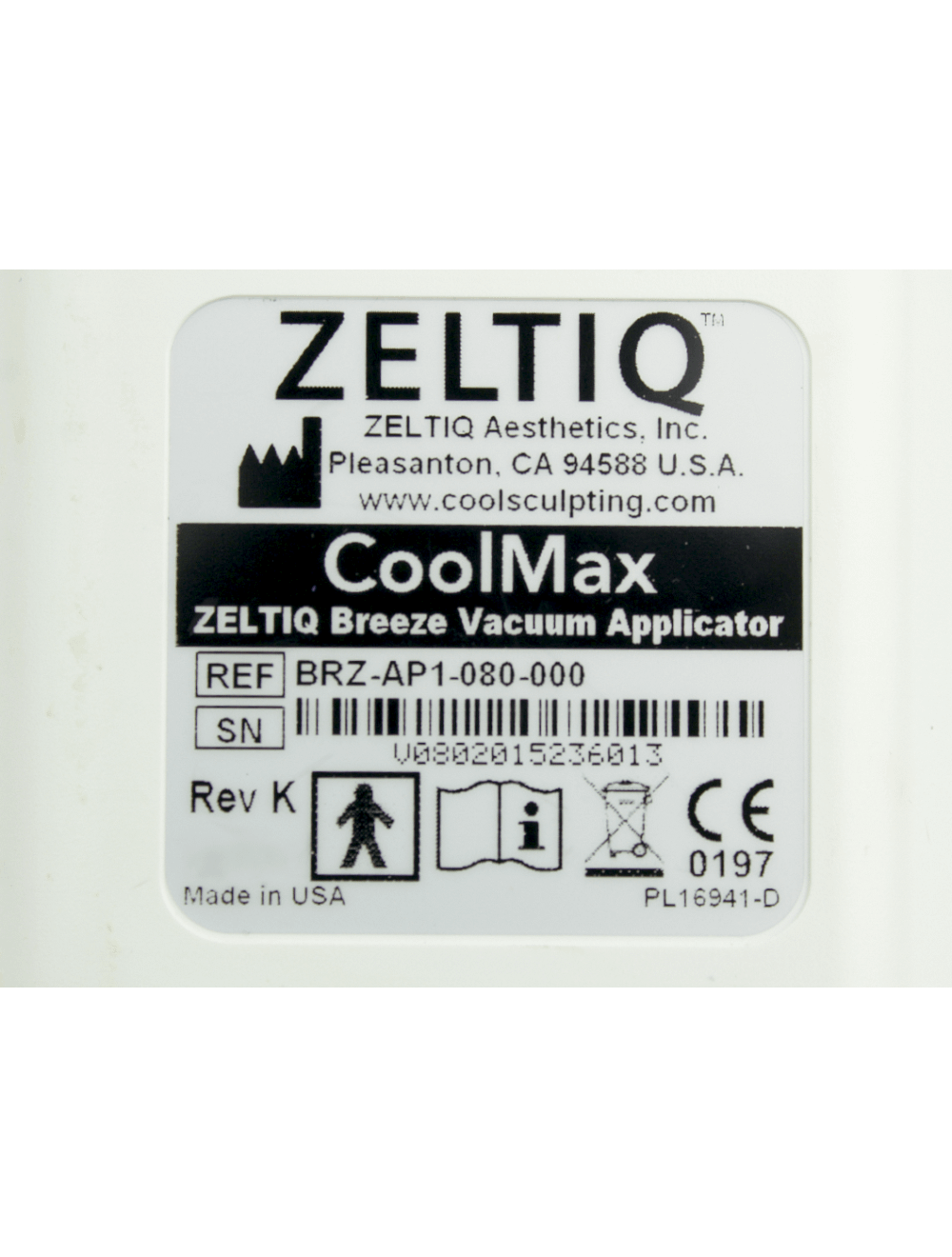Zeltiq CoolSculpting CoolMax Breeze Vacuum Applicator BRZ-AP1-080-000 HP 2015 image 5