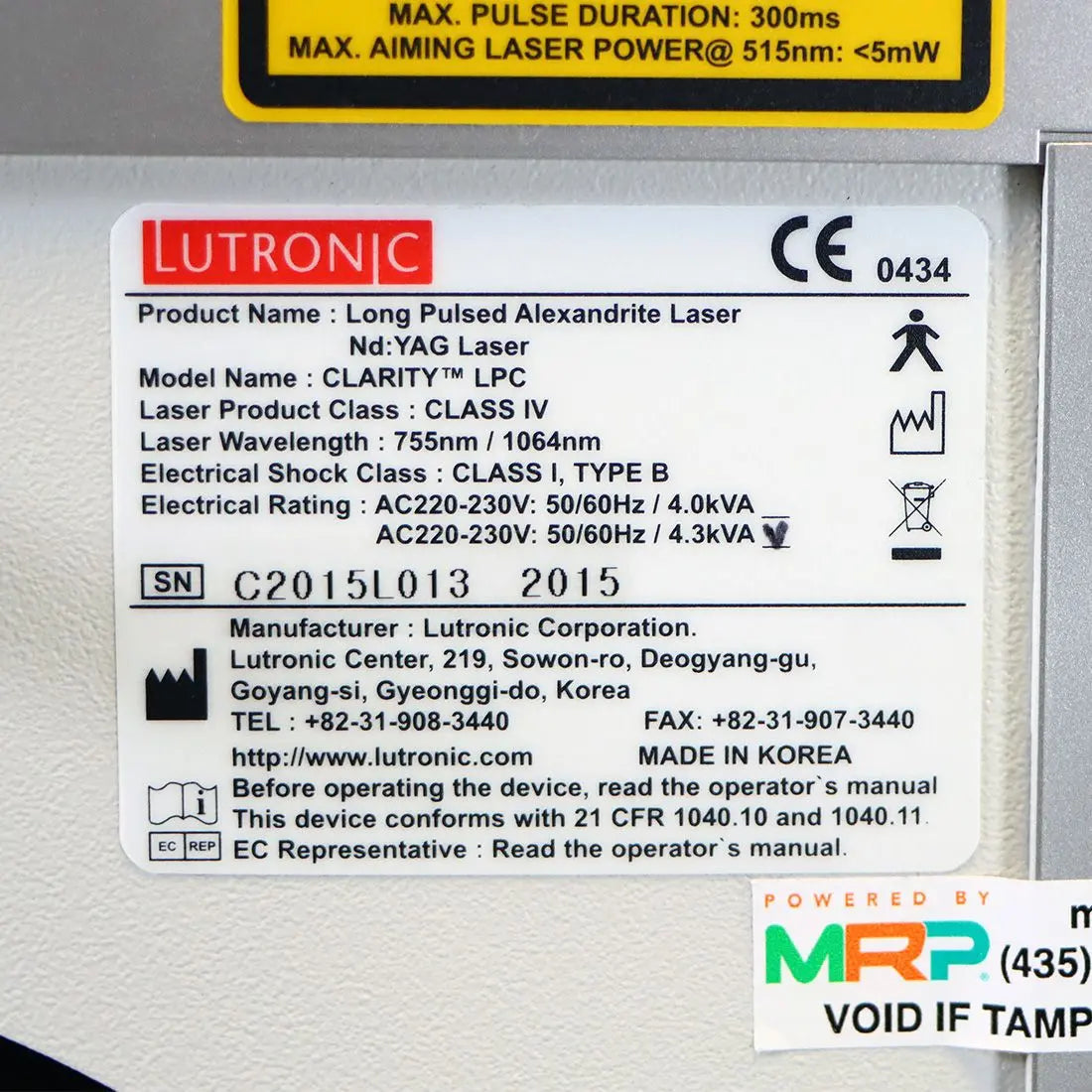2015 Lutronic Clarity LPC Long Pulsed Alexandrite Nd:Yag Laser System Lutronic